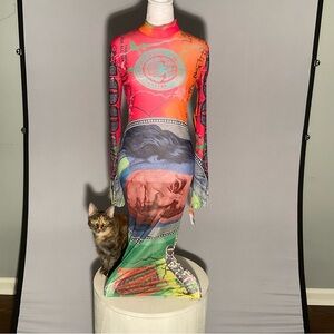 No 1 Los Angeles Long Sleeve Stretch Dollar Print Mesh Bodycon Sexy Maxi Dress